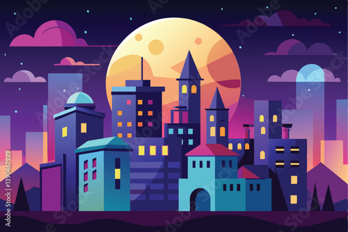 A colorful city skyline is set against a glowing moon, with various architectural styles creating an enchanting night scene filled with pulsating hues.