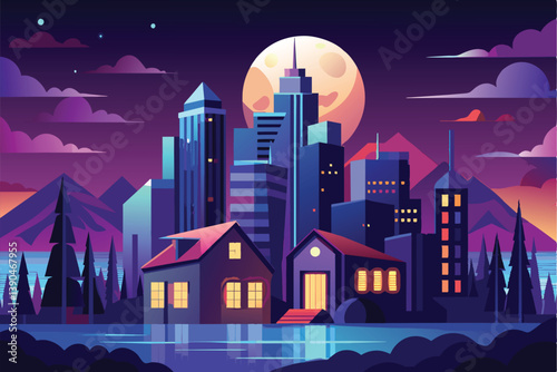 A stunning urban landscape at night features towering skyscrapers, a serene lake, and quaint houses with a backdrop of majestic mountains illuminated by a bright full moon.