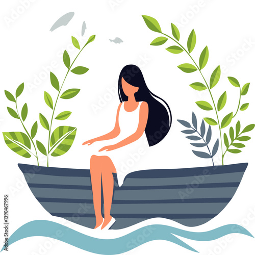 Woman in a white dress sitting calmly in a wooden boat on a peaceful lake, surrounded by green leaves and a sunny sky, perfect for relaxation, nature, and travel adventure themes

