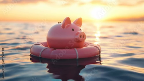 Pink Piggy Bank Floating on Lifebuoy in Calm Ocean During Sunset