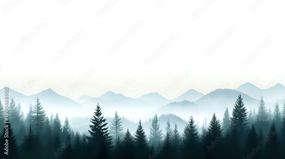 Fototapeta premium Layered mountain landscape with misty pine forest silhouettes in blue and teal tones, creating atmospheric depth and ethereal morning fog effect.