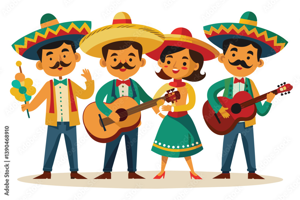 A group of four musicians, wearing colorful traditional attire, perform lively music together with guitars during a cheerful celebration outdoors. A group of four musicians, wearing colorful traditional attire, perform lively music together with guitars during a cheerful celebration outdoors.