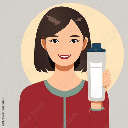 Smiling woman holding a makeup brush and compact powder against a soft pink background, perfect for beauty, skincare, cosmetics, and self-care themes

