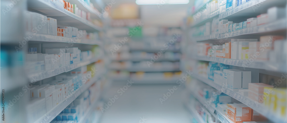 blurred pharmacy insides with shelfs full of cosmetics and medicines; copy space blurred pharmacy insides with shelfs full of cosmetics and medicines; copy space