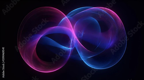 Abstract glowing infinity loop made of neon pink and blue light waves on a dark background. Perfect for tech, energy, balance, futuristic concepts, and digital visual art.

