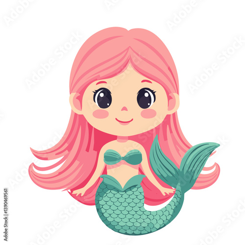 Cute Cartoon Mermaid with Pink Hair and Green Tail – Vector Illustration


