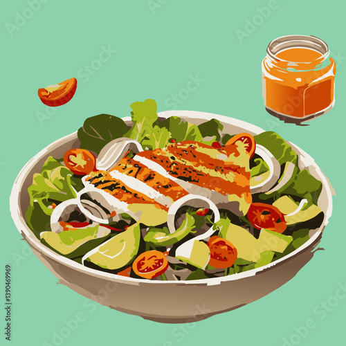 Vector Illustration of Grilled Chicken Salad with Fresh Vegetables and Dressing

