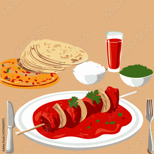 Vector Illustration of Indian Cuisine with Skewered Meat Curry, Naan Bread, and Steamed Rice

