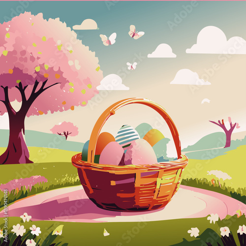 Easter Basket Filled with Colorful Eggs on a Spring Path in a Blooming Landscape



