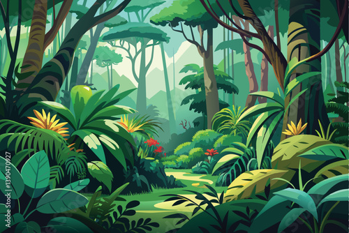 A tranquil rainforest brimming with vibrant foliage, exotic plants, and lush vegetation welcomes visitors along a winding path under gentle afternoon sunlight.