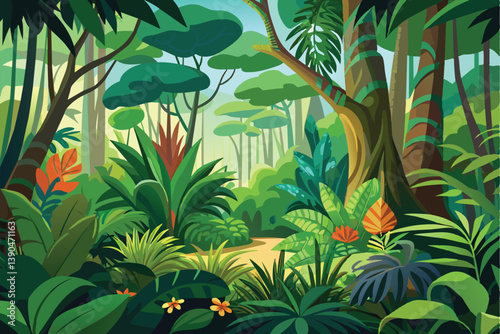 A vibrant display of tropical plants and trees fills the landscape, creating a peaceful atmosphere in a flourishing rainforest setting alive with colors.