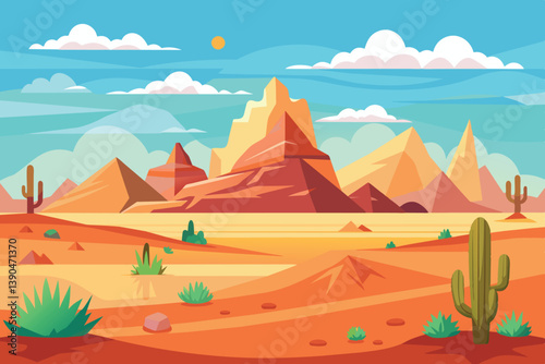 A colorful desert landscape showcases towering mountains and various cacti, surrounded by golden sands and a brilliant blue sky filled with fluffy clouds.
