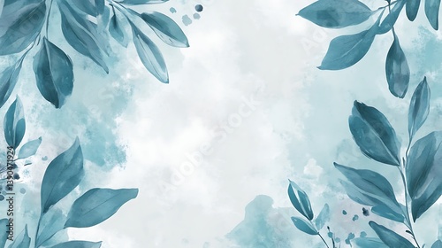 Teal watercolor leaves frame on white background.
