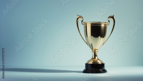 Simple flat lay arrangement of a gold trophy cup set against a pastel colorful background. Concept of victory in first place competition. Idea of winning or success. Top view with copy space.