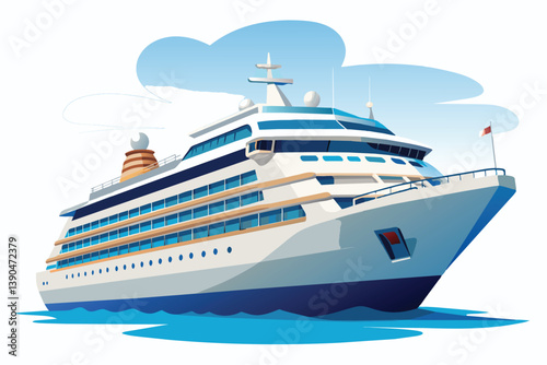 A majestic cruise ship glides effortlessly across the sparkling ocean, surrounded by a vibrant blue sea and a clear, sunny sky with soft clouds above.