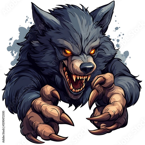 Ferocious Werewolf Confrontation: A formidable werewolf, poised in a dynamic pose, eyes burning with primal rage, bares its fangs and claws, illustrating a powerful embodiment of untamed savagery.