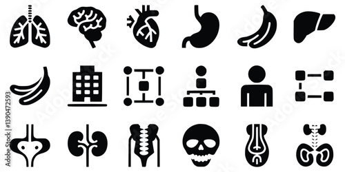 Black Glyph Icons Set With Internal Organs Body And Conceptual Elements