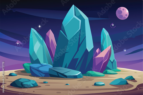 A vibrant assortment of crystalline formations stands on an otherworldly surface, illuminated by distant stars and a moonlit sky at night.