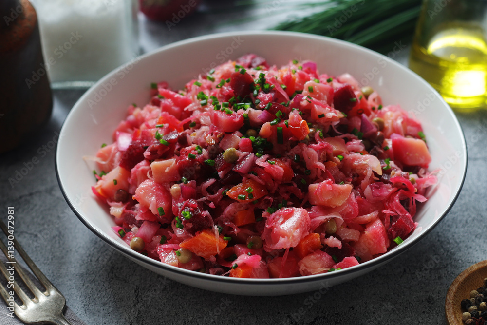 A bowl with Vinegret salad, a typical Russian dish A bowl with Vinegret salad, a typical Russian dish