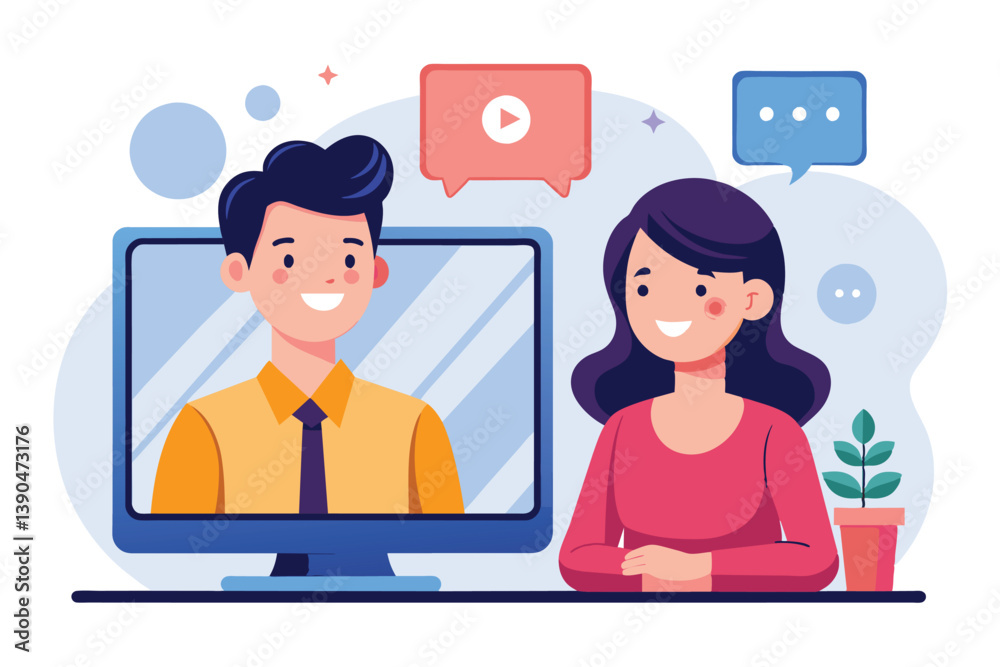 Two professionals engage in a virtual meeting, sharing thoughts and ideas through a computer screen while surrounded by chat bubbles and a small plant. Two professionals engage in a virtual meeting, sharing thoughts and ideas through a computer screen while surrounded by chat bubbles and a small plant.