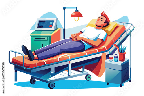 A person lies comfortably on a hospital bed, surrounded by medical equipment, a bedside lamp, and a potted plant, illustrating a caring healthcare environment.