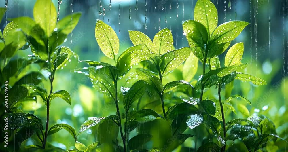 Green plants with water drops in heavy rain, fresh and green natural background