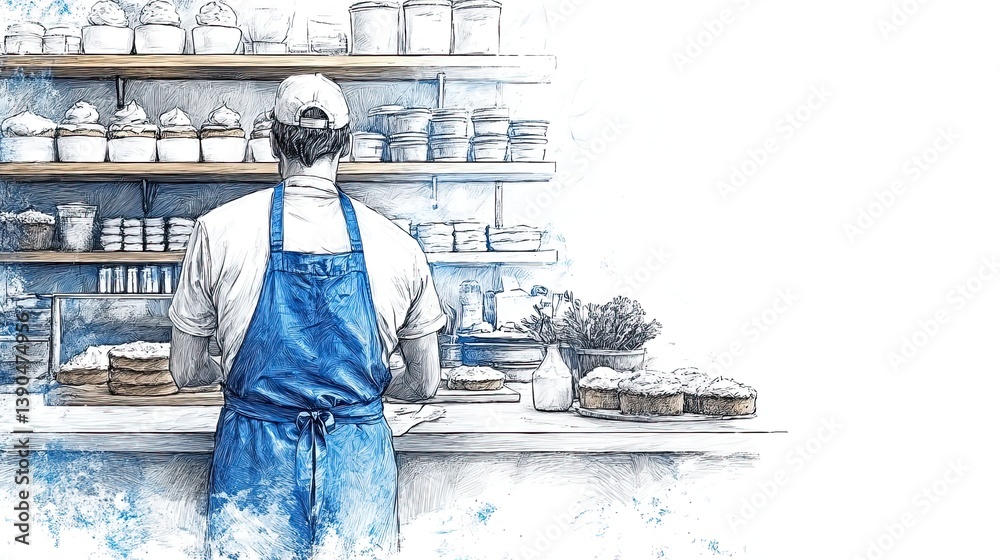 Pastry chef preparing cakes and pastries in bakery kitchen