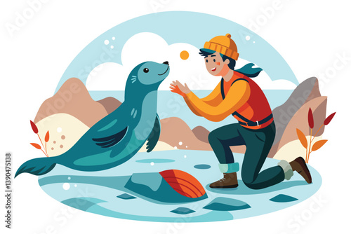 A girl kneels on the shore, playfully tossing a ball to a friendly seal. The sun shines brightly, illuminating the joyful interaction by the ocean.