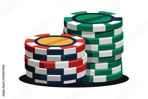 A set of vibrant poker chips is arranged in stacks, with different colors and patterns visible, emphasizing the excitement of a casino atmosphere and gaming activity.