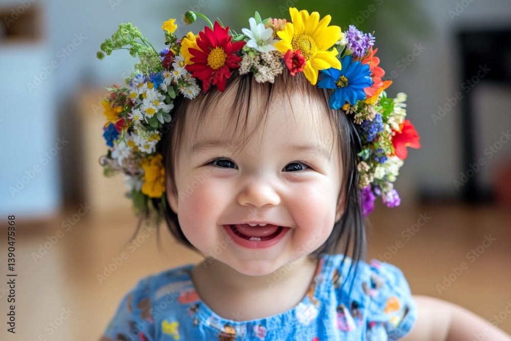 Morning rays. Happy sunny days pattern. Happy caucasian toddler girl with black hair wearing multi-colored flower circlet on her head. Child’s holiday escape in nature. Summer joy for kids. Morning rays. Happy sunny days pattern. Happy caucasian toddler girl with black hair wearing multi-colored flower circlet on her head. Child’s holiday escape in nature. Summer joy for kids.