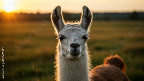 Close-Up Portrait of a Llama in a Lush Green Field During a Golden Sunset