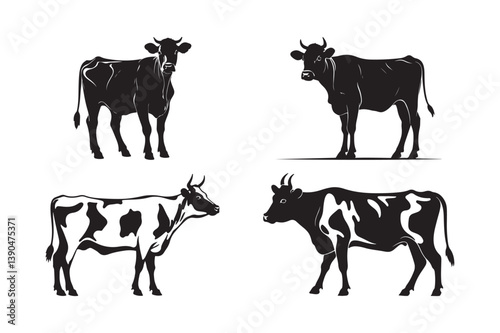 Cow Silhouette set Vector Collection Farm Animal Standing Poses