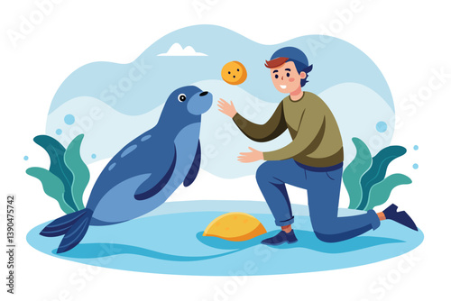 A young man kneels beside the water, tossing a ball to a friendly seal in a serene aquatic setting surrounded by gentle waves and greenery.