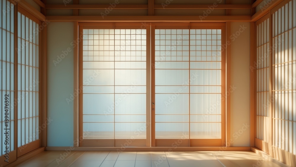 Shoji, a traditional sliding door, window, or room divider made of translucent paper mounted on a wooden frame. Shoji, a traditional sliding door, window, or room divider made of translucent paper mounted on a wooden frame.