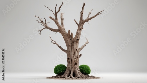 Single dead and old tree with a young shoot originating from one root, isolated against a white background.
