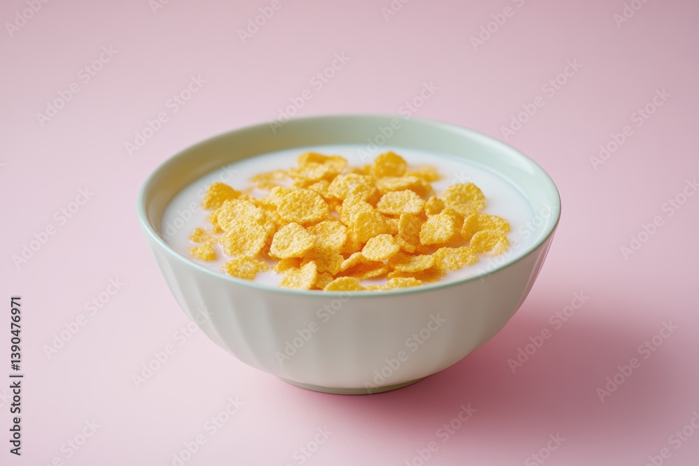 Ad design featuring a bowl of cornflakes and milk on a pink background Ad design featuring a bowl of cornflakes and milk on a pink background