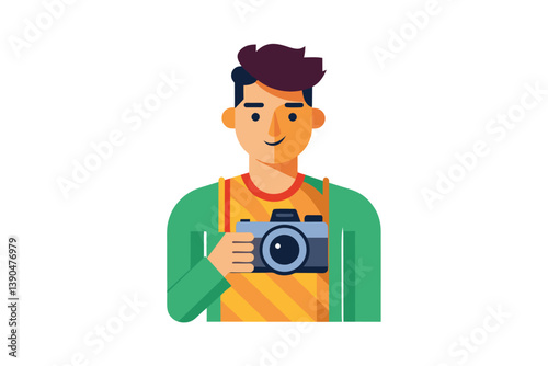 A young man is smiling while holding a camera, showcasing his passion for photography in a relaxed environment, emphasizing creativity and joy.