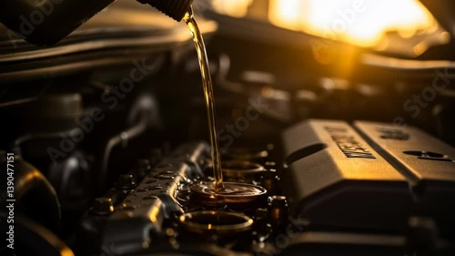 Pouring Engine Oil into Car Engine in Sunset Light with Warm Glow and Dramatic Shadows
