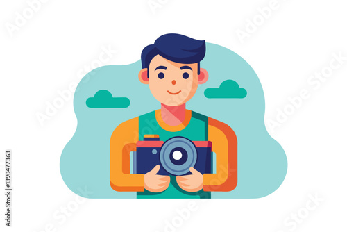 A young man stands happily while holding a camera, surrounded by a tranquil background with clouds, fully immersed in his passion for photography.