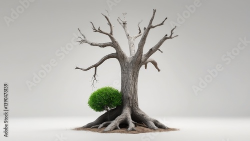Single dead old tree with a young shoot sprouting from the same root, isolated on a white background.