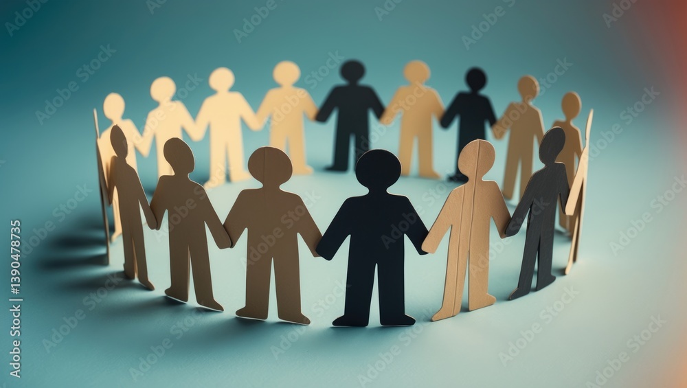 Teamwork represents a concept of unity and solidarity. Collaboration among co-workers. Cooperation in business. Engagement in social participation. Paper human figures. Teamwork represents a concept of unity and solidarity. Collaboration among co-workers. Cooperation in business. Engagement in social participation. Paper human figures.