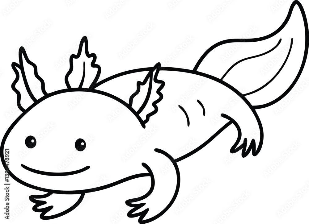 Fototapeta premium Adorable Cartoon Axolotl Drawing in Black and White Line Art Style