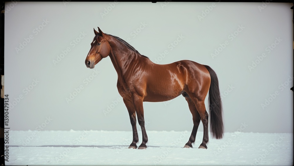 Obraz premium The bay horse standing alone against a white background.