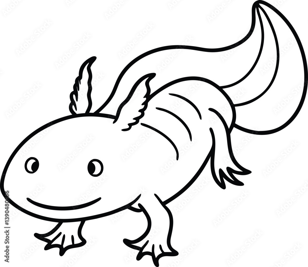 Fototapeta premium Adorable Cartoon Axolotl Drawing in Black and White Line Art Style