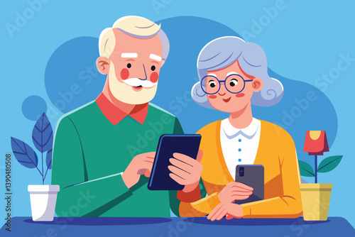 An elderly couple sits closely together, engaging with digital devices while sharing smiles in a bright and cheerful indoor environment with plants.
