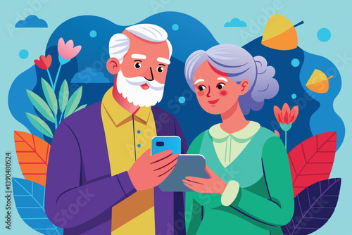 An elderly man and woman share a moment as they look at a smartphone together in a vibrant garden filled with flowers and greenery.