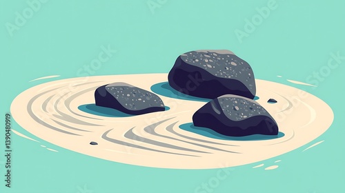 Three dark stones on a tranquil sand circle in water.