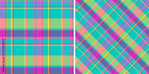 Vibrant tartan pattern duo. A colorful, symmetrical and versatile textile design. Ideal for backgrounds, fashion, crafts, or creative projects needing a playful touch.