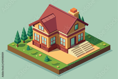 This illustration showcases a two-story residential house with a slanted roof, surrounded by green trees and a neatly manicured yard, creating a peaceful atmosphere.
