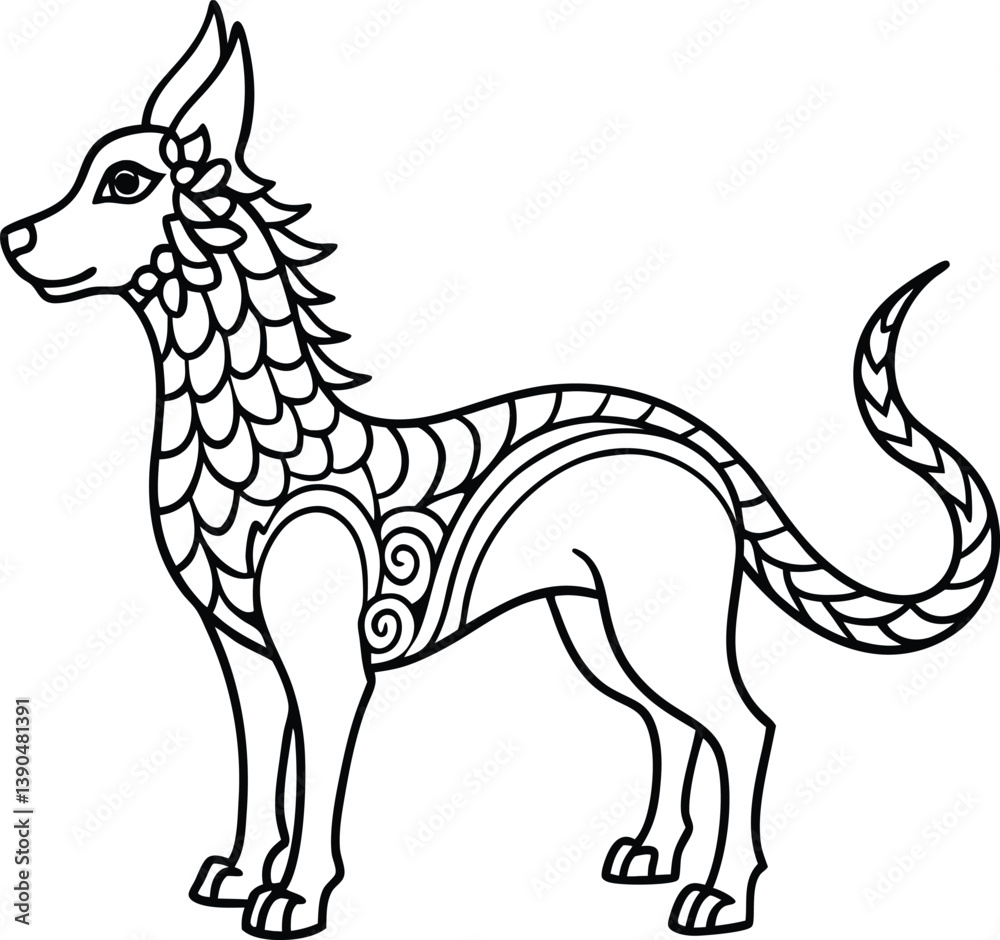 Fototapeta premium Standing Dog Line Art with Flower Outline Ornament Design on Transparent Background